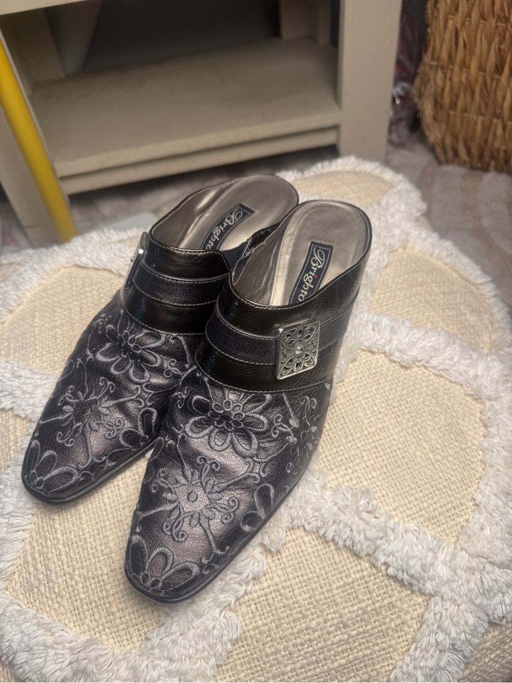 Brighton Black Floral-Embroidered Slip-On Mules